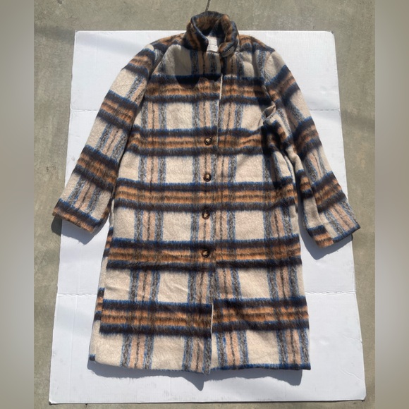 Tailored Cream Plaid Long Coat with Blue & Orange Check - Picture 7 of 8